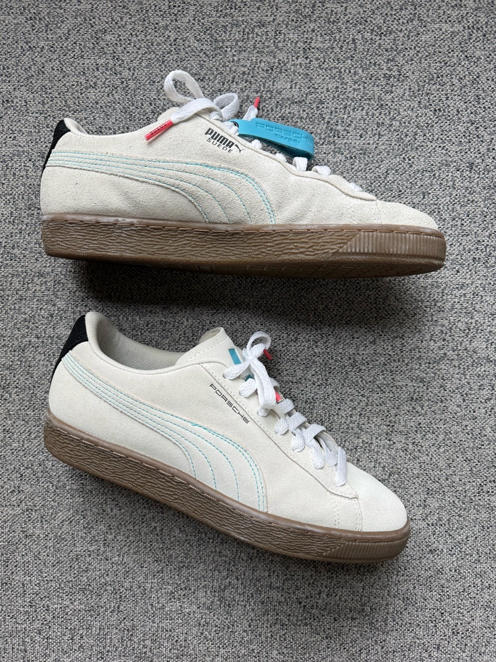 Puma Porsche Legacy Cream Suede Sneakers with Light Blue Stripe Accents